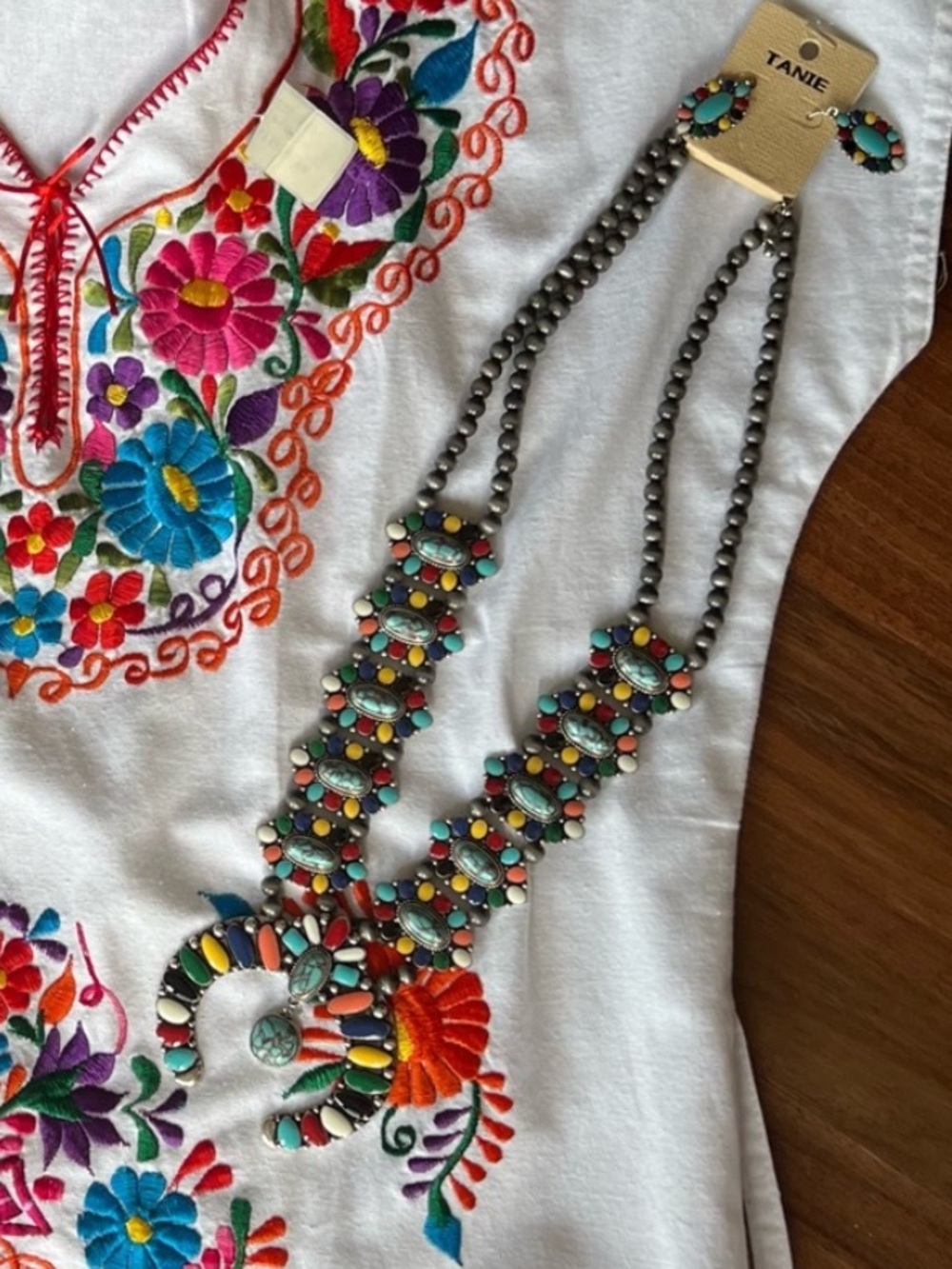 NWT SouthwestFaux Turquoise & Multicolor Squash Blossom & Earrings Set by Tanie!